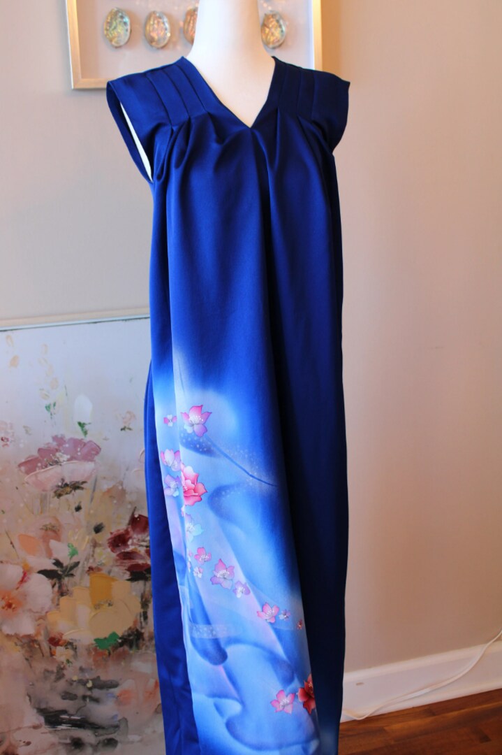 Handmade Vintage Silk Kimono Dress, Hand Painted Aurora Royal Blue, Unique gift, Authentic Kimono Remake, Kimono Fashion, Japanese Clothing | MakerPlace by Michaels Handmade Vintage Silk Kimono Dress, Hand Painted Aurora Royal Blue, Unique gift, Authentic Kimono Remake, Kimono Fashion, Japanese Clothing | MakerPlace by Michaels